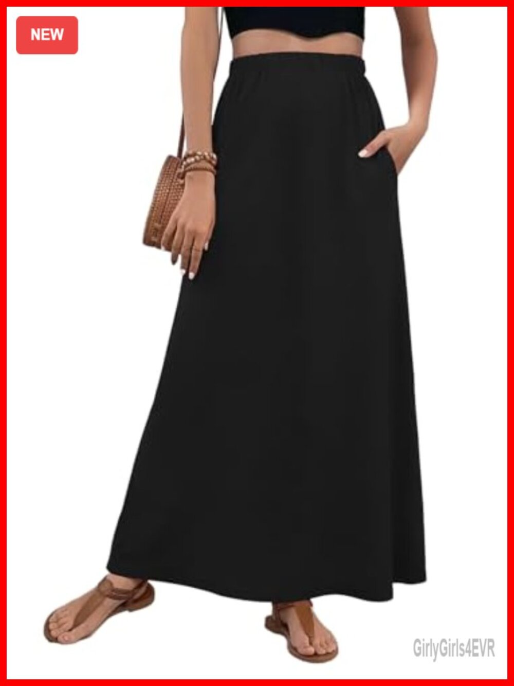 Maxi Skirt Elastic Waist Pockets Polyester Spandex A-Line Beach Vacation
